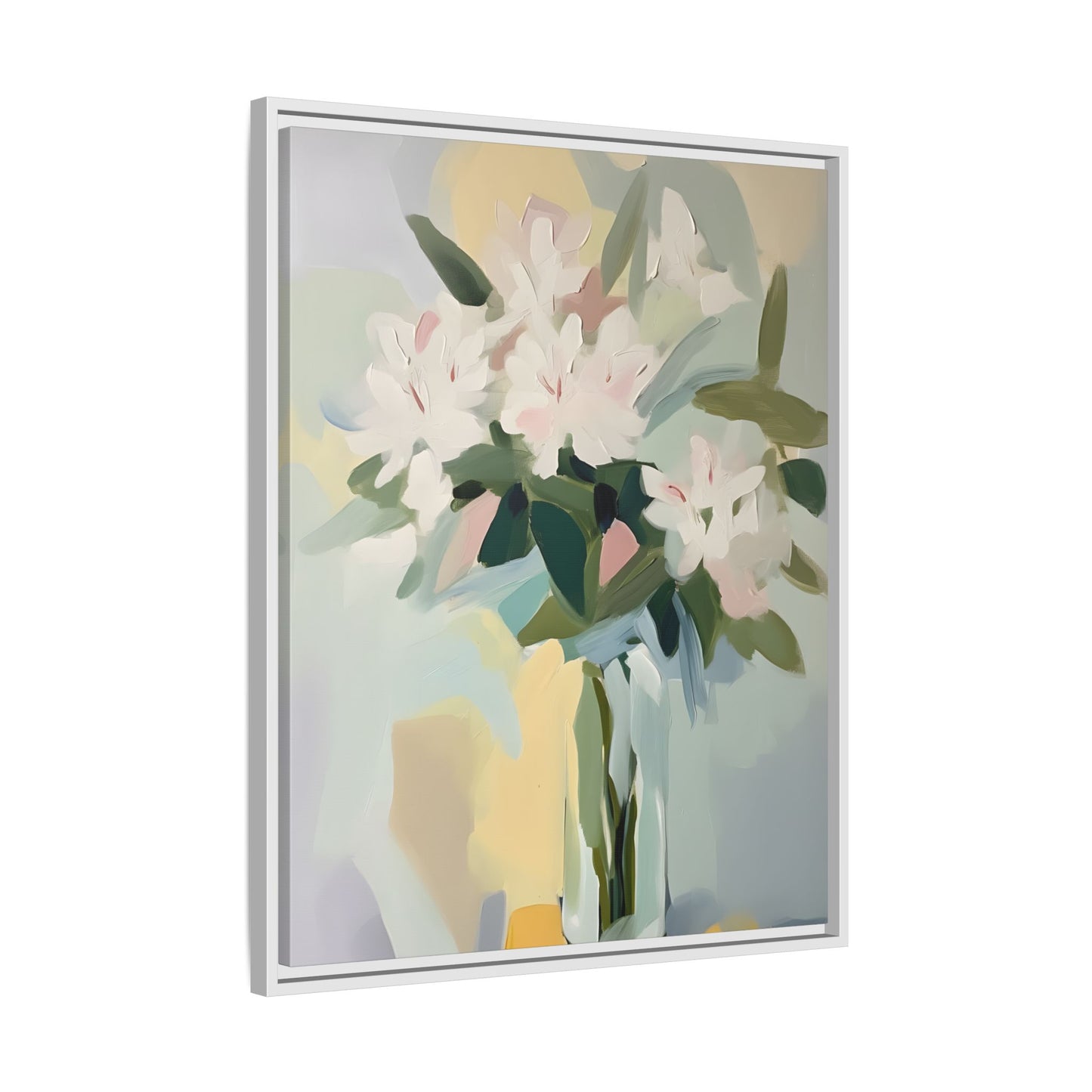 Soft Abstract Floral Wall Art – Framed Modern Canvas with White Flowers in Green Vase