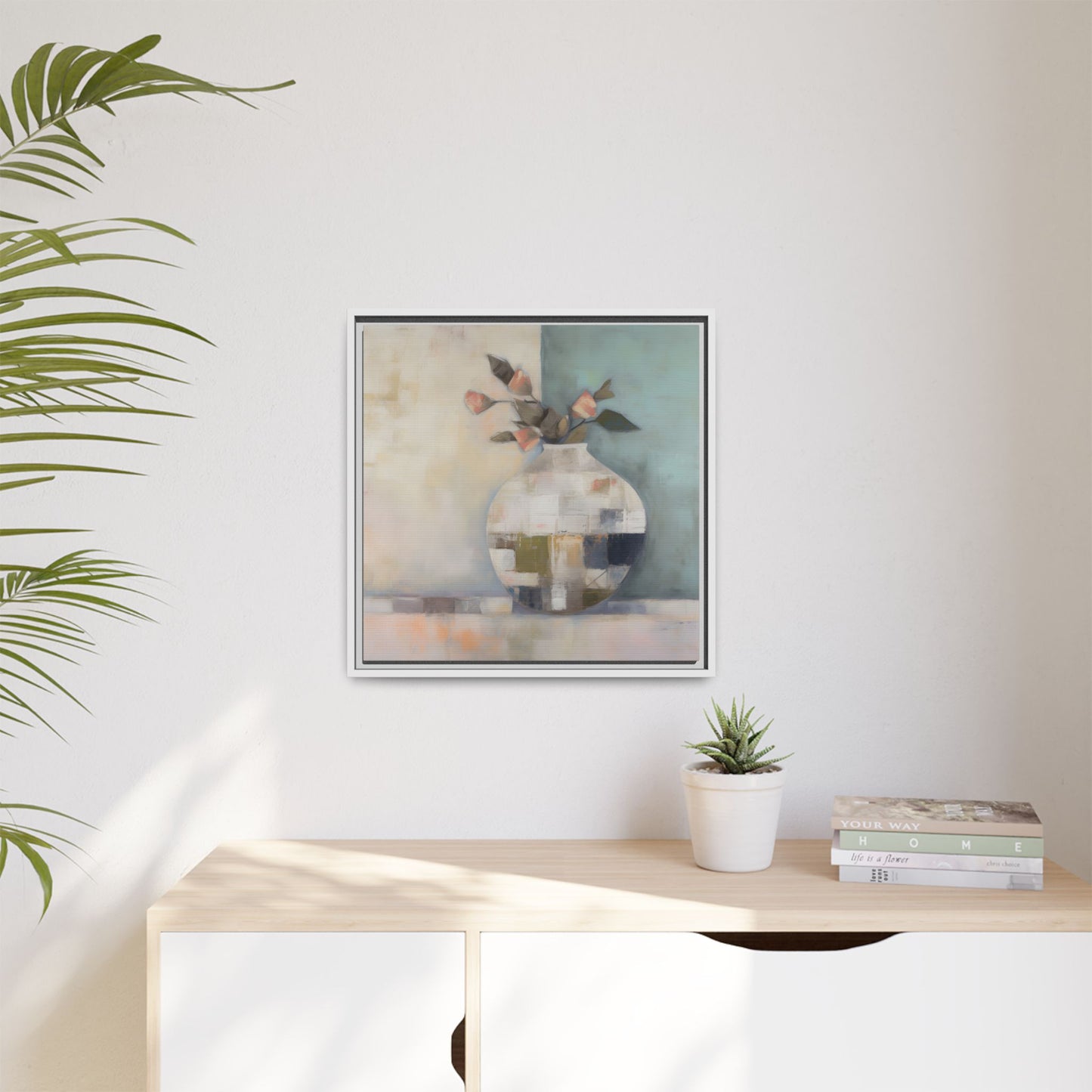 Geometric Floral Still Life Wall Art – Framed Abstract Canvas with Vase and Blush Pink Buds