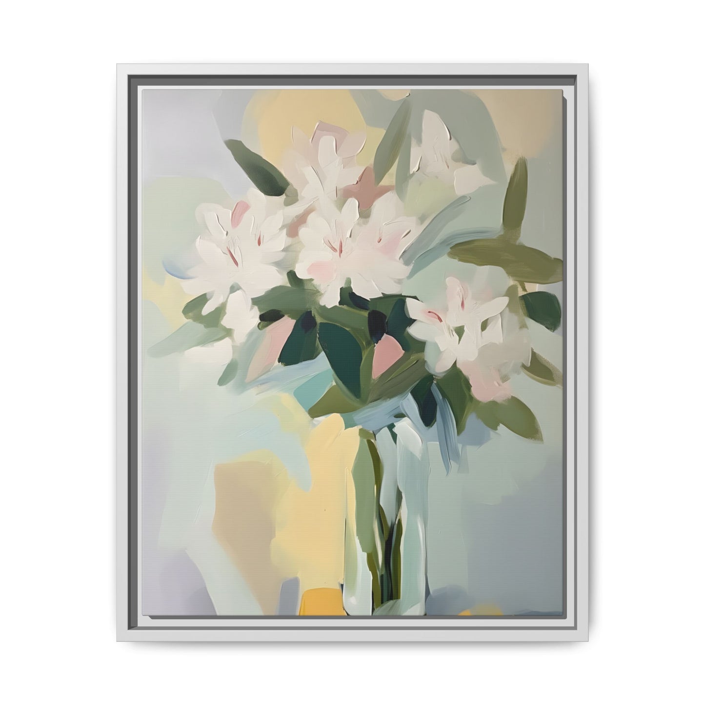 Soft Abstract Floral Wall Art – Framed Modern Canvas with White Flowers in Green Vase
