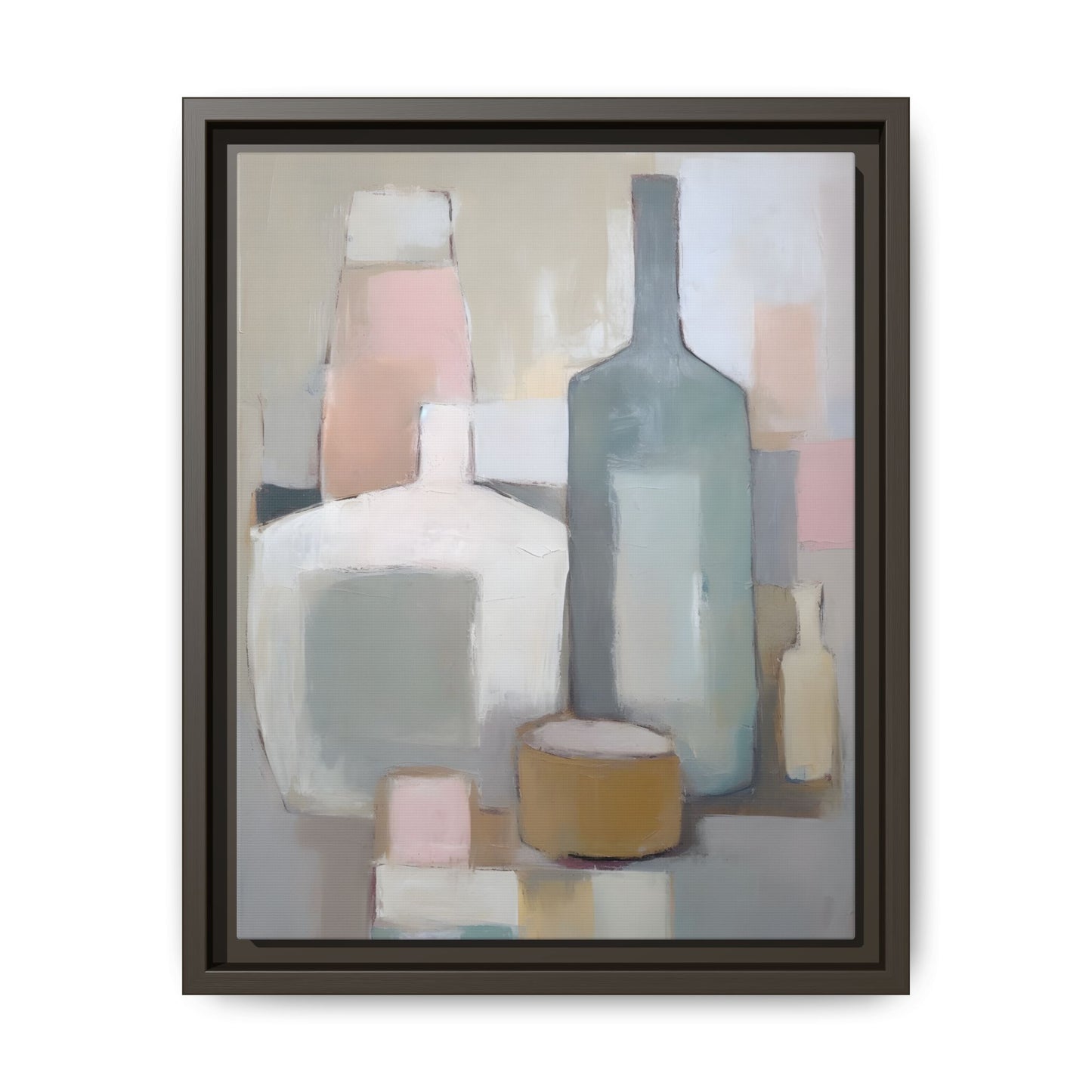 Modern Abstract Bottle Still Life Wall Art – Framed Canvas in Soft Pink, Blue, and Beige
