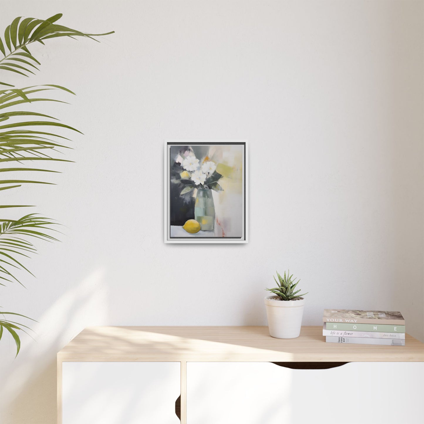 Modern Floral Still Life Wall Art – Framed Canvas with White Flowers and Lemon in Soft Green Vase