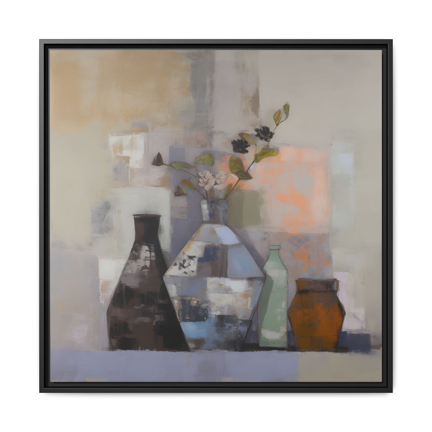 Earthy Bottle Still Life Wall Art – Framed Abstract Canvas with Geometric Vases in Neutral Tones