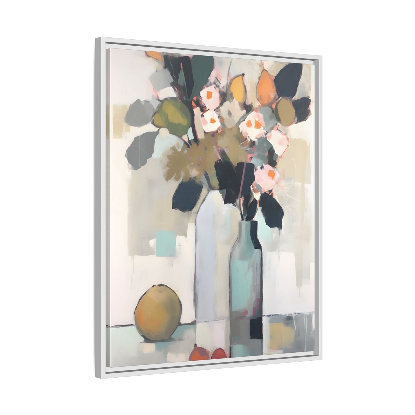 Modern Floral Still Life Wall Art – Framed Canvas with Bold Leaves and Citrus in Vase