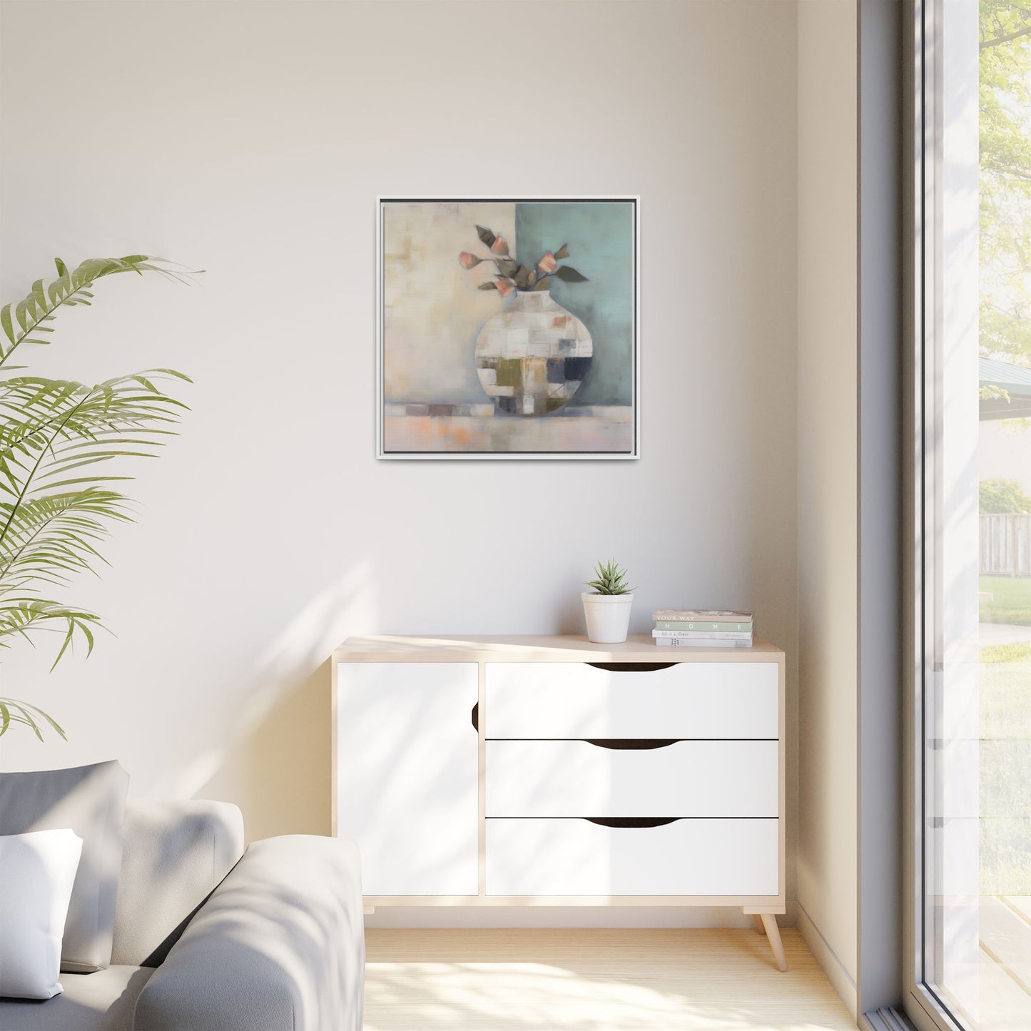 Geometric Floral Still Life Wall Art – Framed Abstract Canvas with Vase and Blush Pink Buds