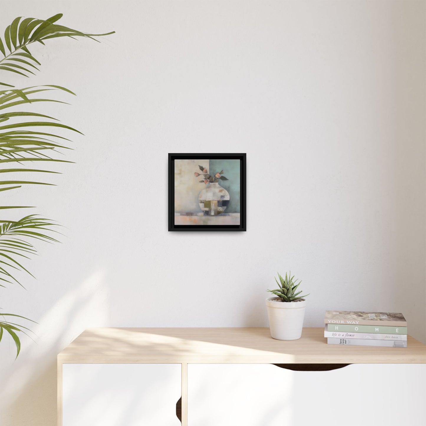 Geometric Floral Still Life Wall Art – Framed Abstract Canvas with Vase and Blush Pink Buds