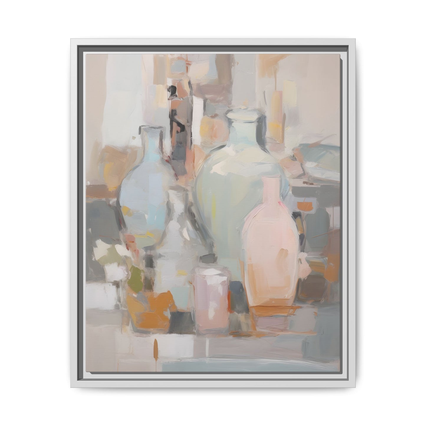 Modern Abstract Still Life Wall Art – Colorful Framed Canvas with Blue, Pink & Terracotta Bottles