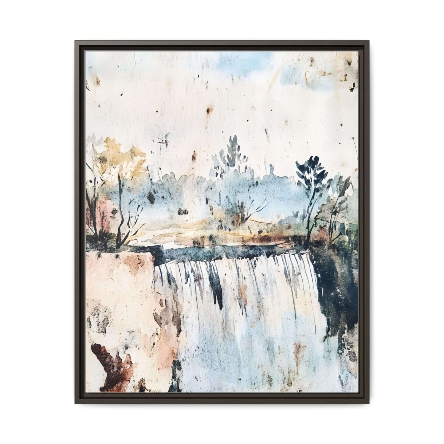 Framed watercolor wall art featuring a serene landscape with a waterfall, ideal for home decor. Available in multiple sizes, horizontal orientation.