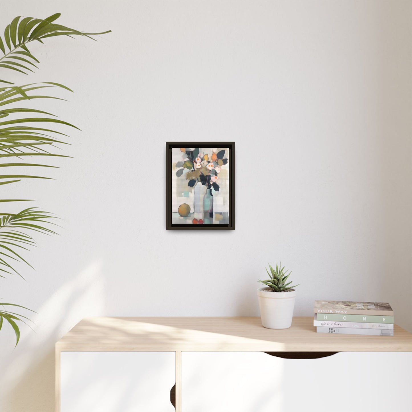 Modern Floral Still Life Wall Art – Framed Canvas with Bold Leaves and Citrus in Vase