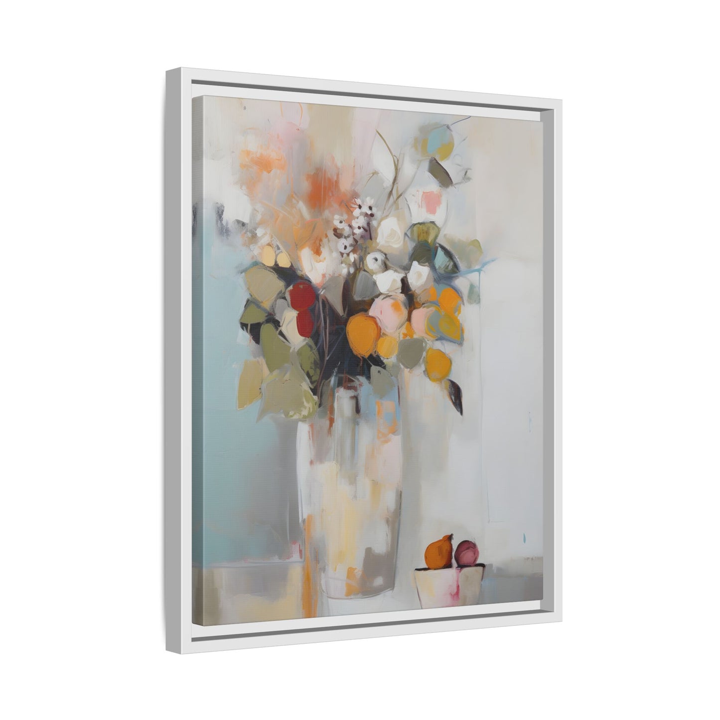 Colorful Floral Still Life Wall Art – Framed Abstract Canvas with Bright Blooms and Fruit Bowl