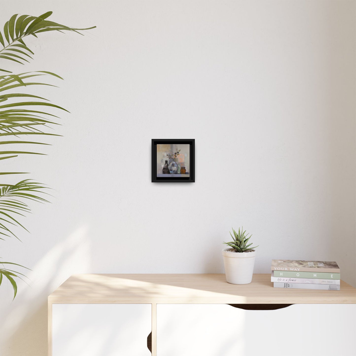 Earthy Bottle Still Life Wall Art – Framed Abstract Canvas with Geometric Vases in Neutral Tones