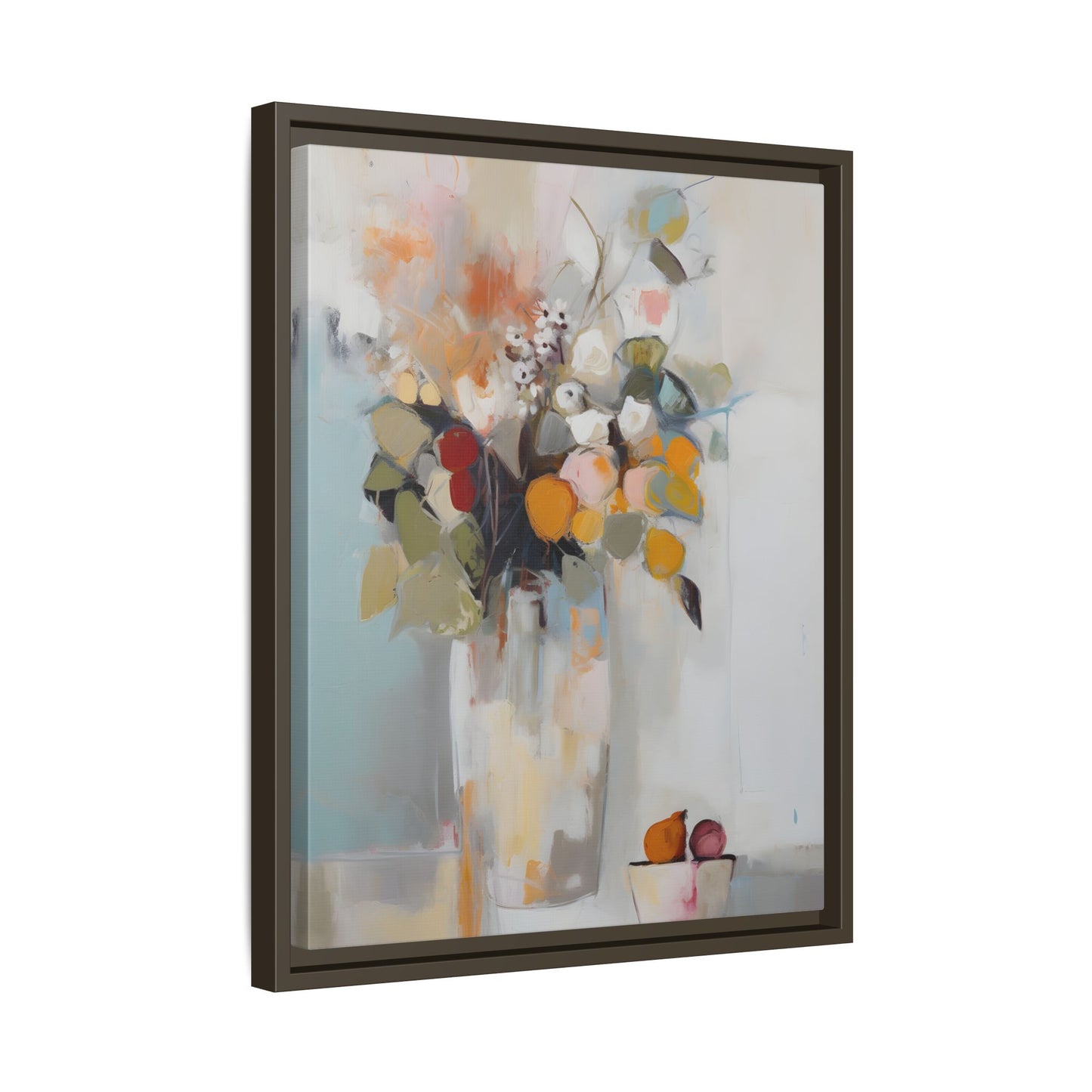 Colorful Floral Still Life Wall Art – Framed Abstract Canvas with Bright Blooms and Fruit Bowl