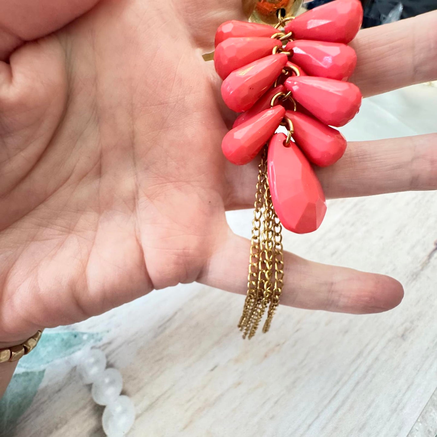 Coral Color Long Statement Necklace w/ Tassel and Leaf Charms & Co/ Bracelet