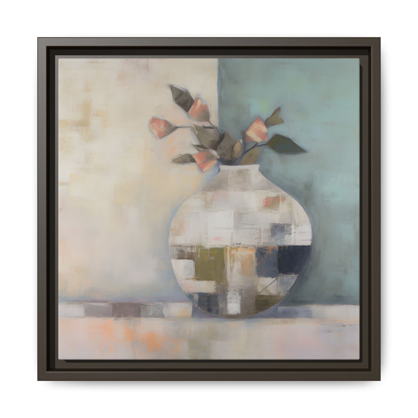 Geometric Floral Still Life Wall Art – Framed Abstract Canvas with Vase and Blush Pink Buds