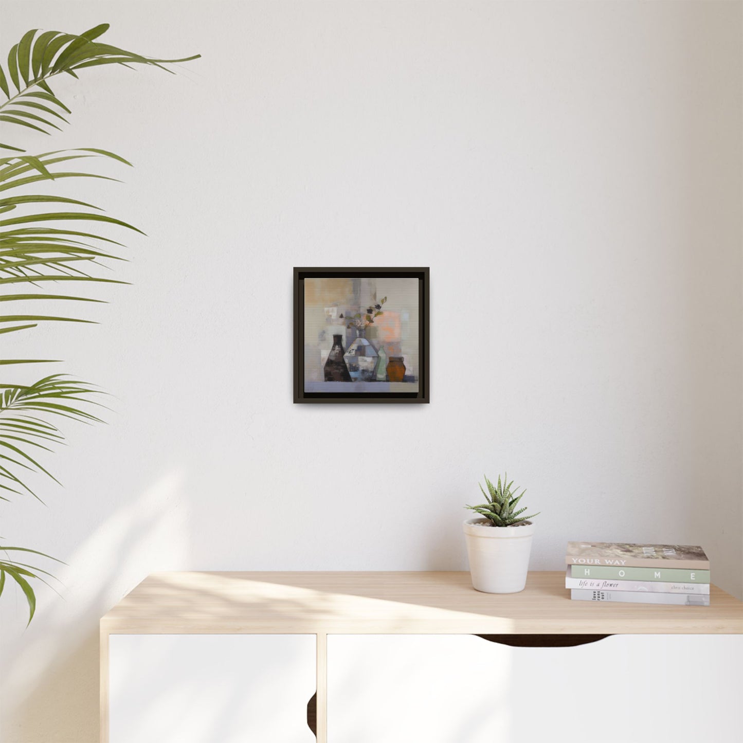 Earthy Bottle Still Life Wall Art – Framed Abstract Canvas with Geometric Vases in Neutral Tones