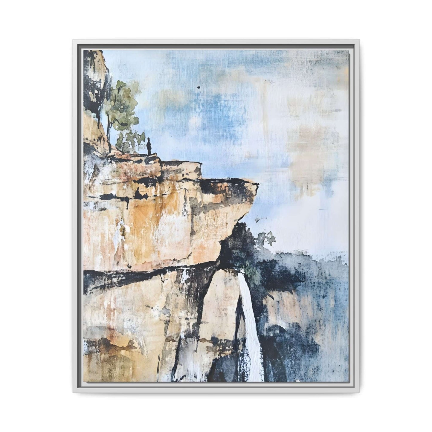 Impressionistic framed canvas wall art depicting a serene waterfall landscape, perfect for adding tranquility to any room.