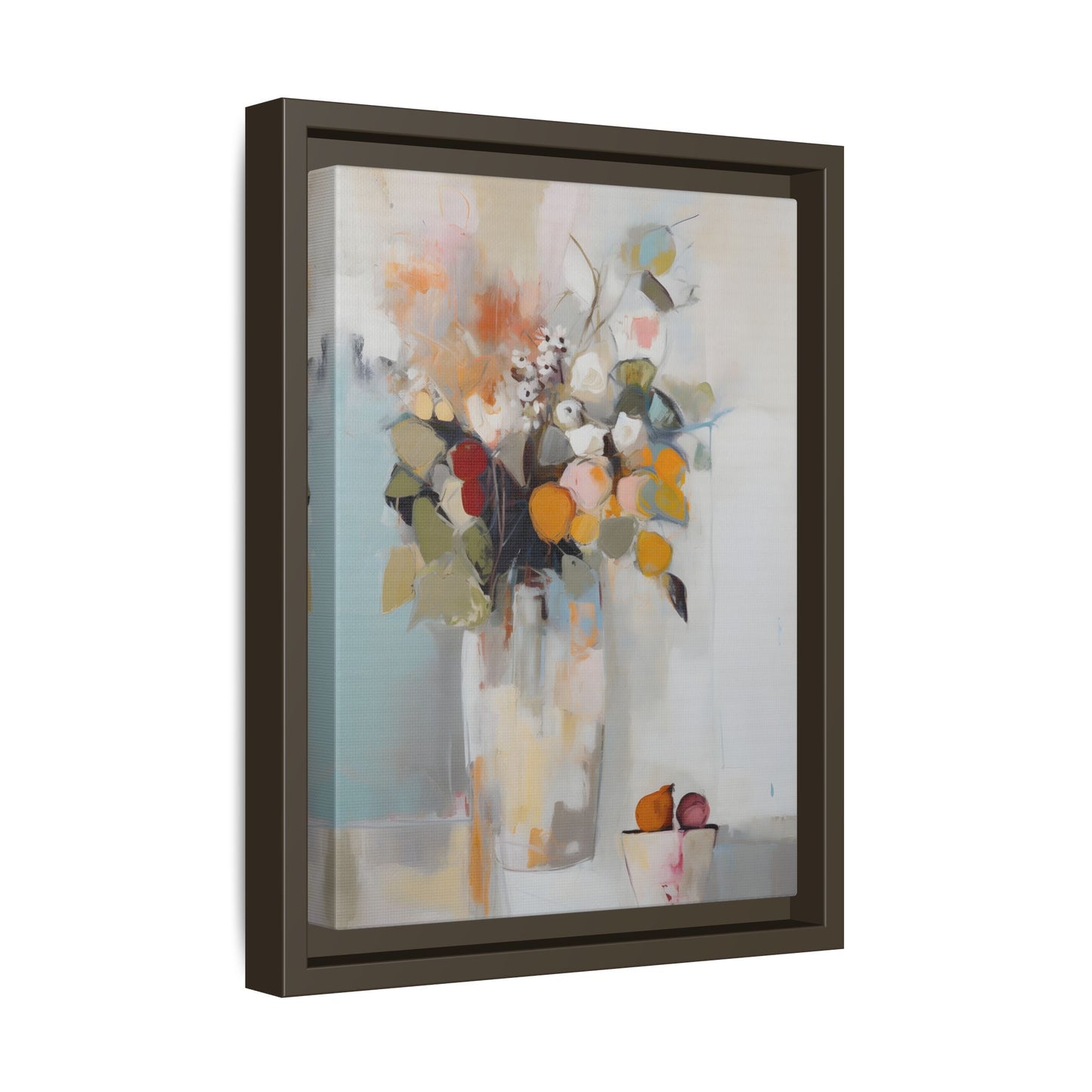 Colorful Floral Still Life Wall Art – Framed Abstract Canvas with Bright Blooms and Fruit Bowl