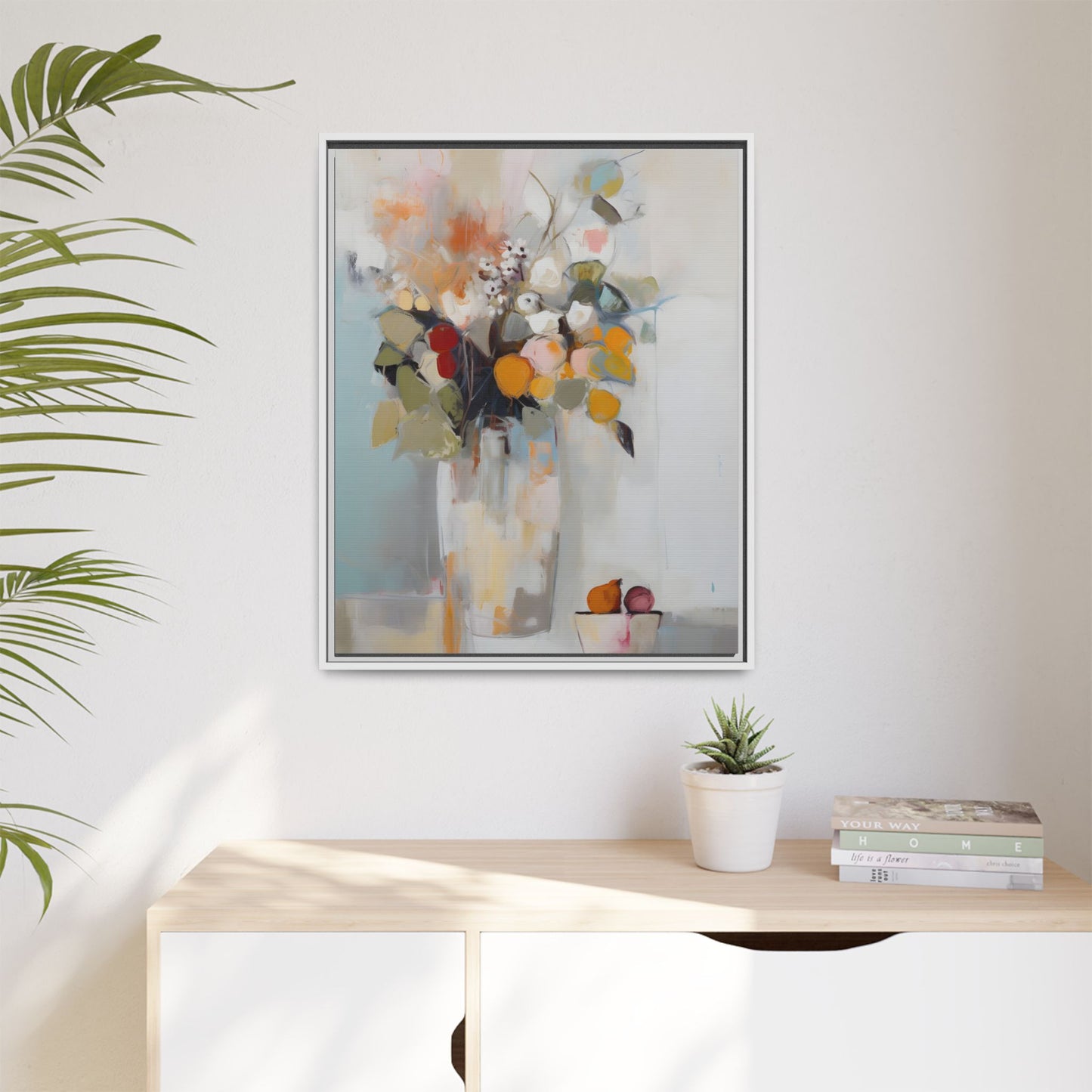 Colorful Floral Still Life Wall Art – Framed Abstract Canvas with Bright Blooms and Fruit Bowl