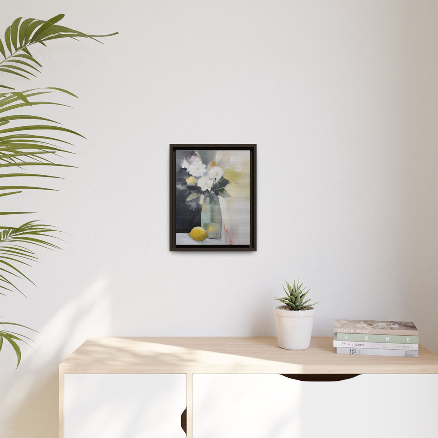 Modern Floral Still Life Wall Art – Framed Canvas with White Flowers and Lemon in Soft Green Vase