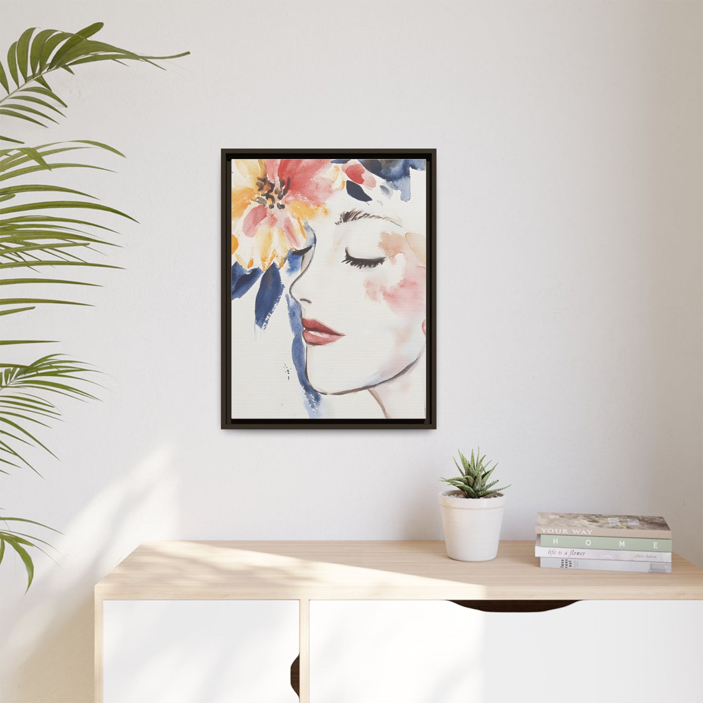Multi-Color Framed Matte Canvas Art - Floral Face Portrait