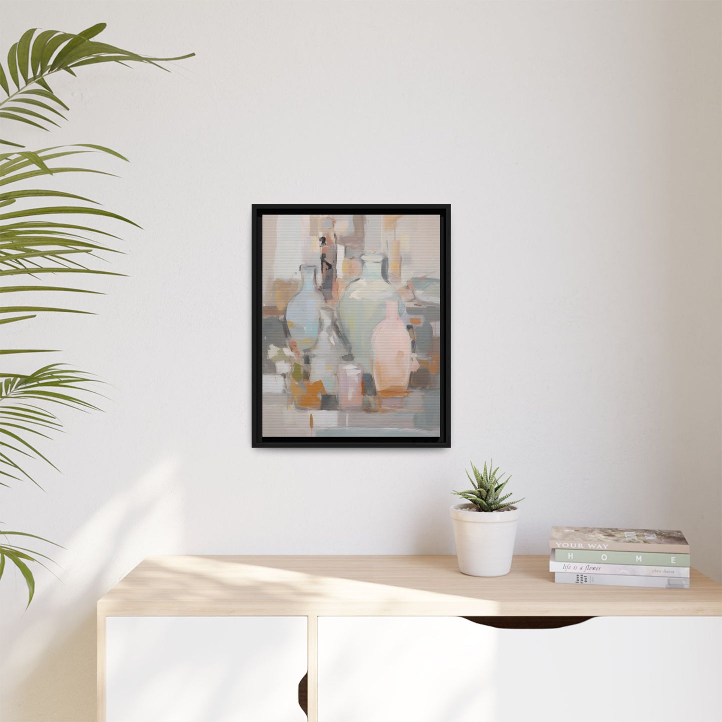 Modern Abstract Still Life Wall Art – Colorful Framed Canvas with Blue, Pink & Terracotta Bottles