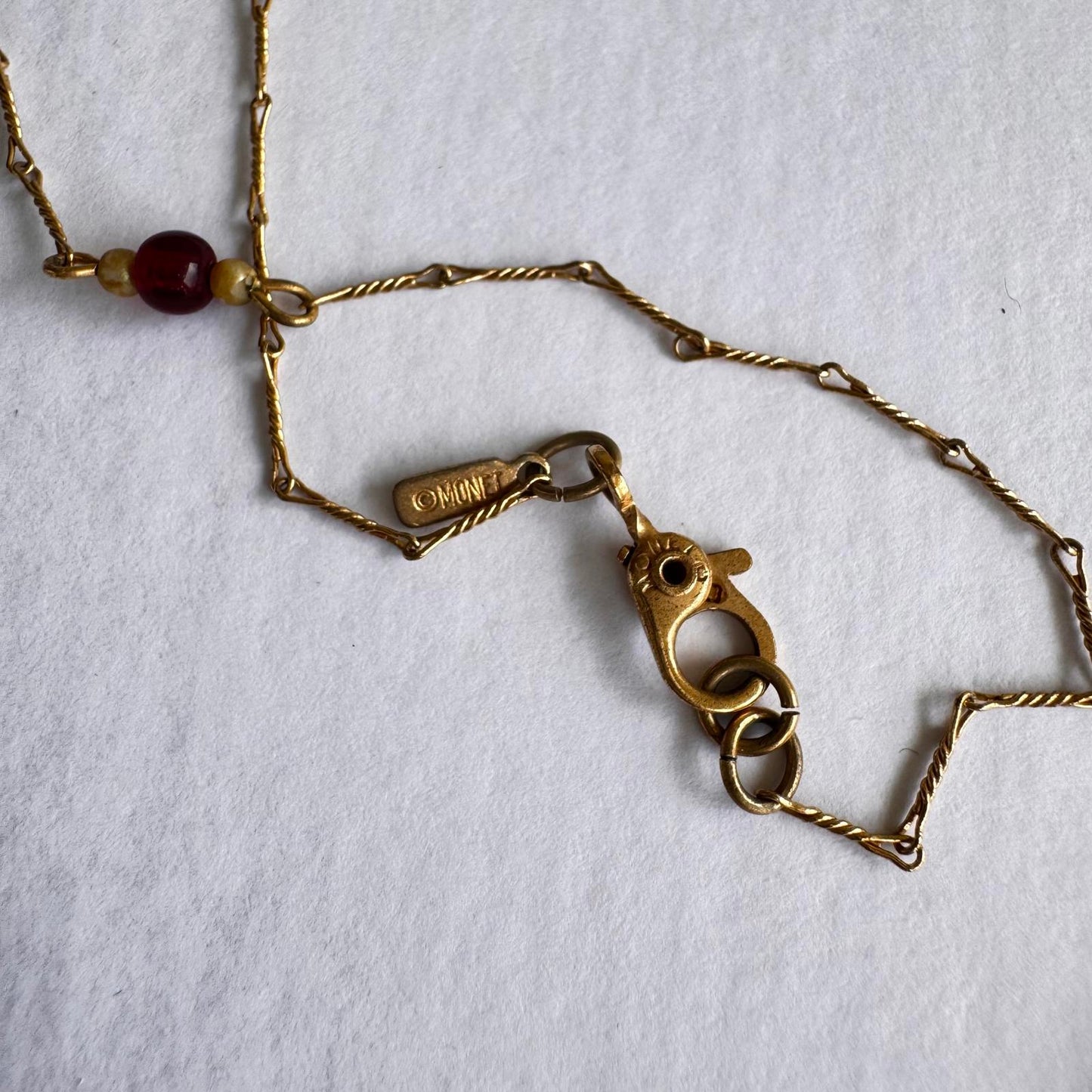 Monet Signed Vintage Elegant Gold Tone & Red Beaded Necklace Dainty