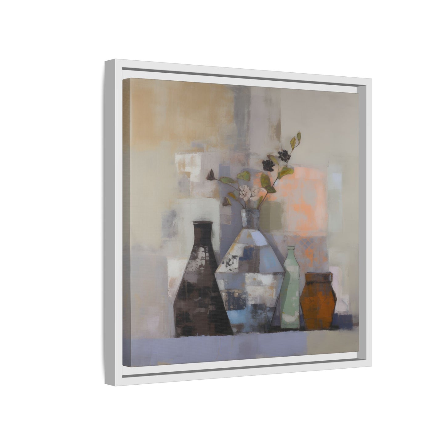 Earthy Bottle Still Life Wall Art – Framed Abstract Canvas with Geometric Vases in Neutral Tones