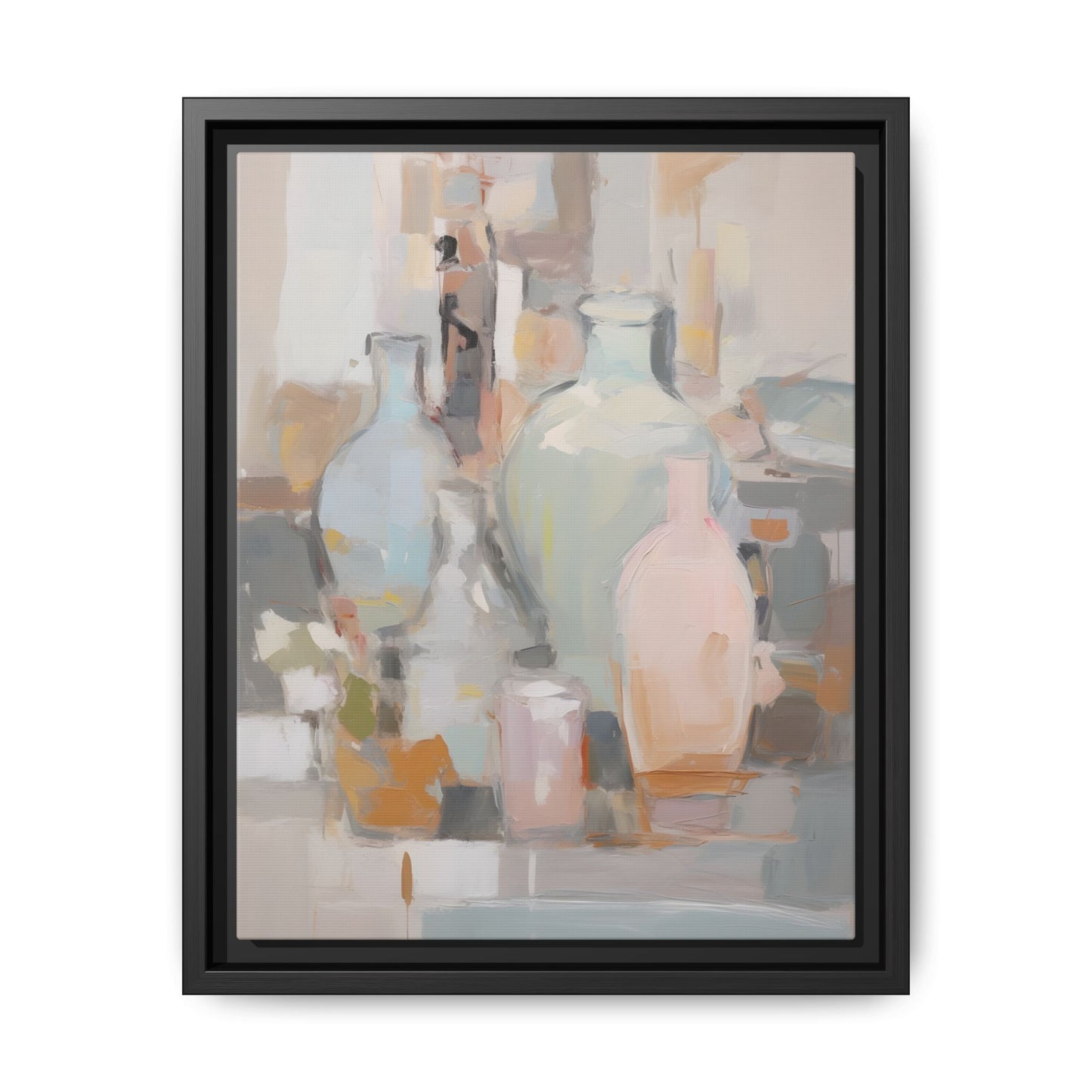 Modern Abstract Still Life Wall Art – Colorful Framed Canvas with Blue, Pink & Terracotta Bottles