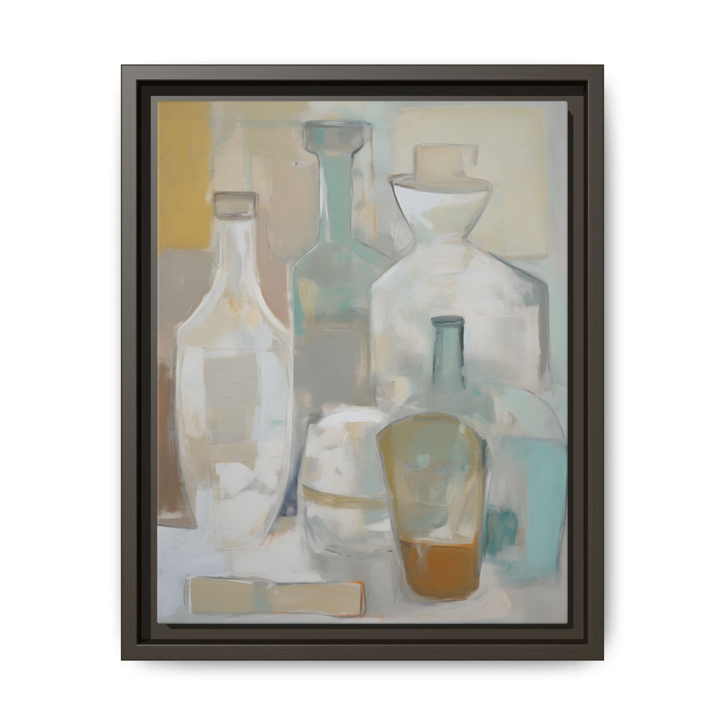 Modern Still Life Wall Art – Neutral Bottles Framed Canvas in Beige, Aqua & Amber