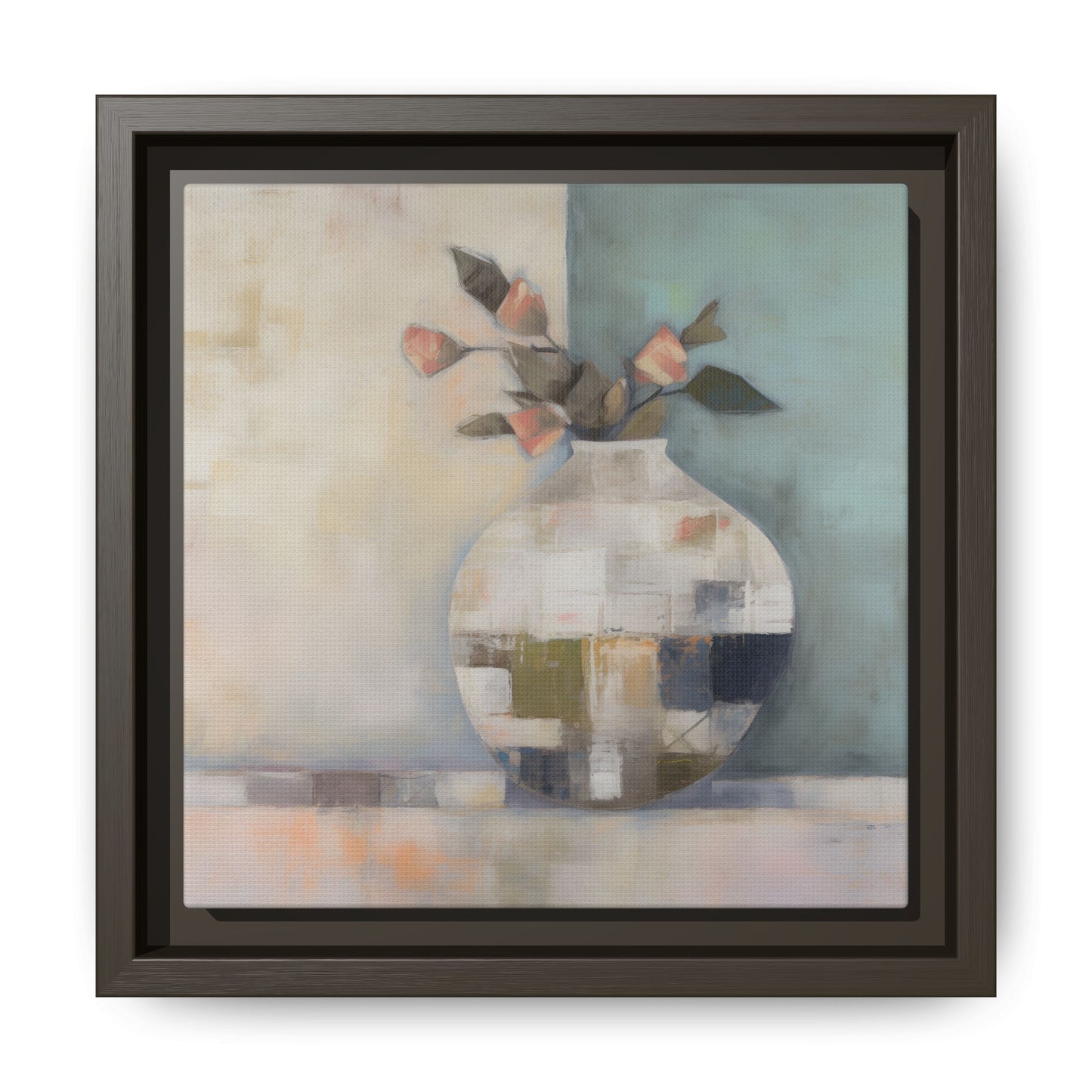 Geometric Floral Still Life Wall Art – Framed Abstract Canvas with Vase and Blush Pink Buds