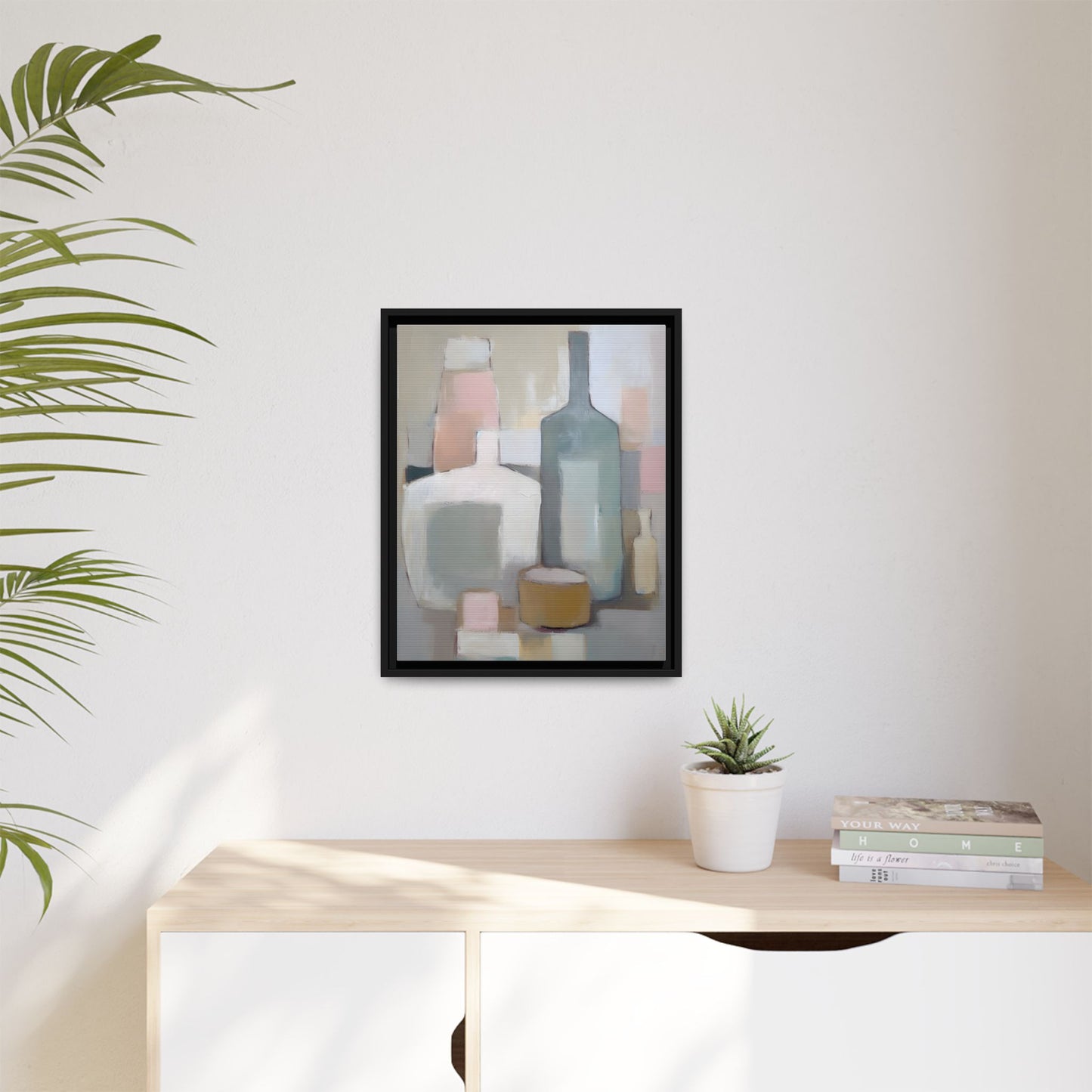 Modern Abstract Bottle Still Life Wall Art – Framed Canvas in Soft Pink, Blue, and Beige
