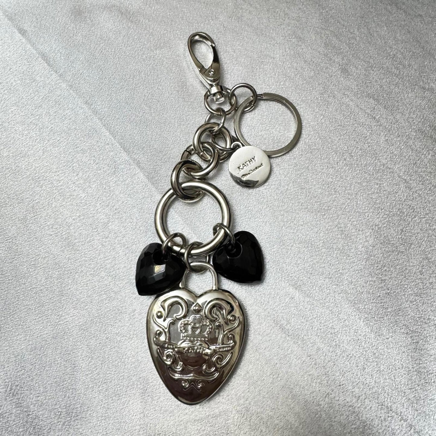 Kathy Van Zeeland Silver Tone Heart Keychain or Purse Charm with Black Accents