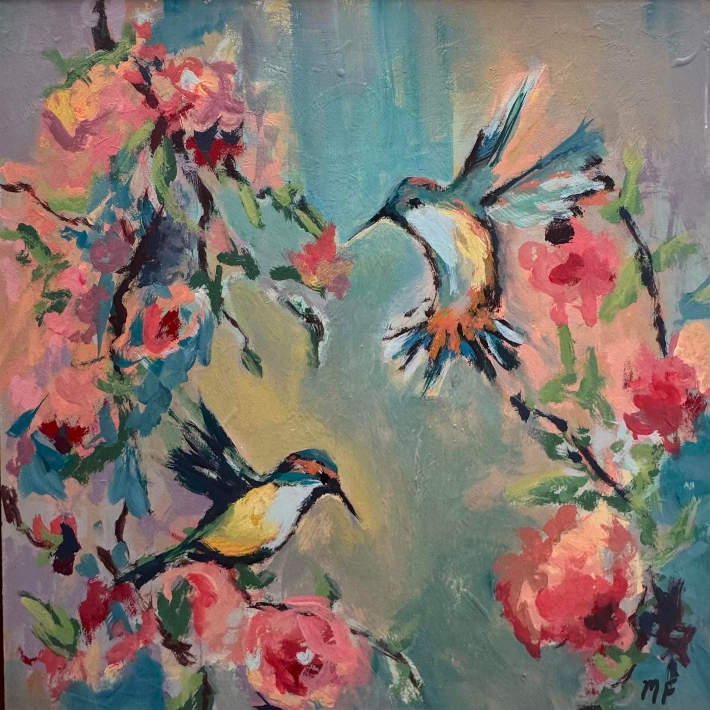 Original Painting by Mechelle Flowers — “Garden in Motion” 12x12 Framed in Floating Gold Frame