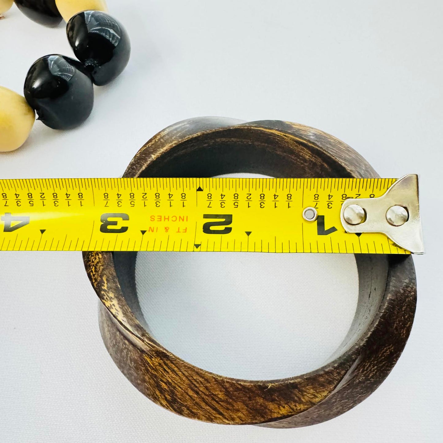 Vintage Wood Bangle & Seed Bead Bracelet Set – Black Cream Chunky Boho Jewelry