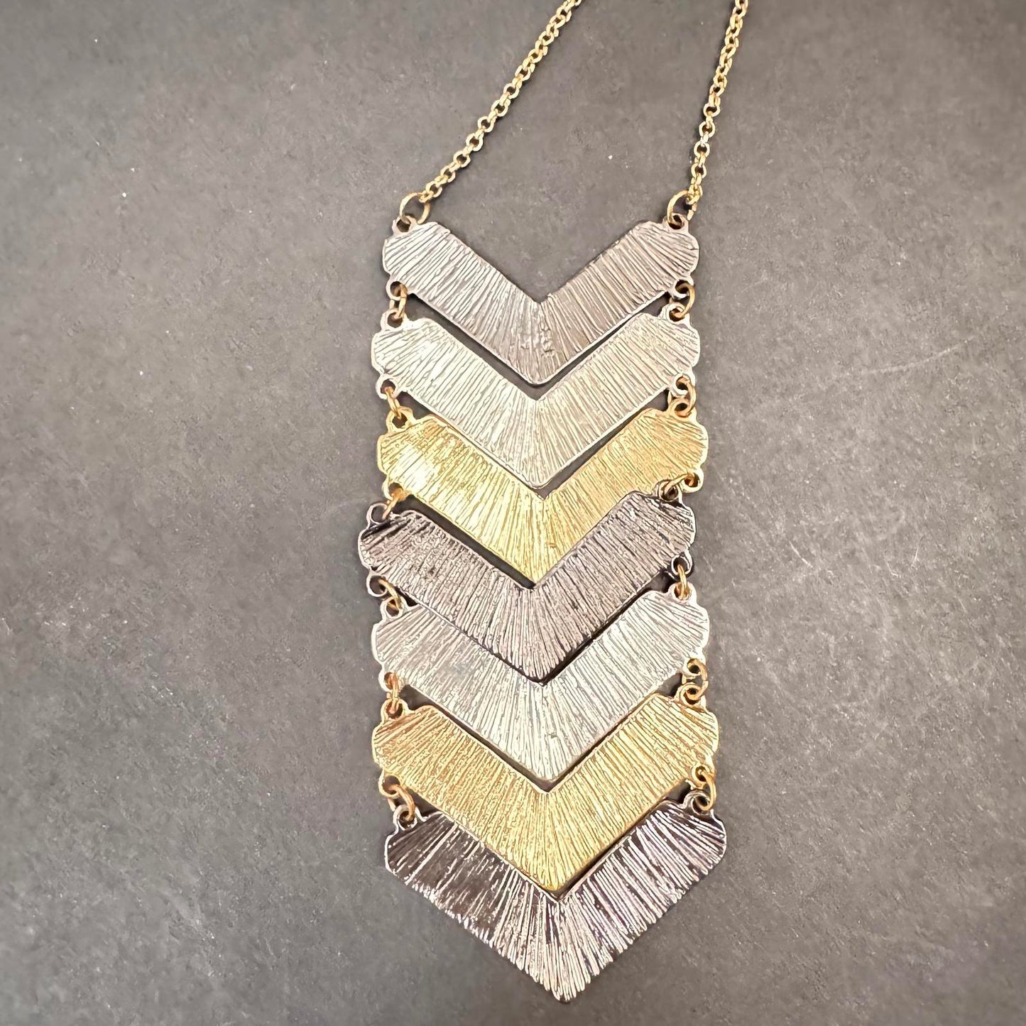 Chevron Pendant Necklace Mixed Metal Gold Silver Bronze Statement Jewelry