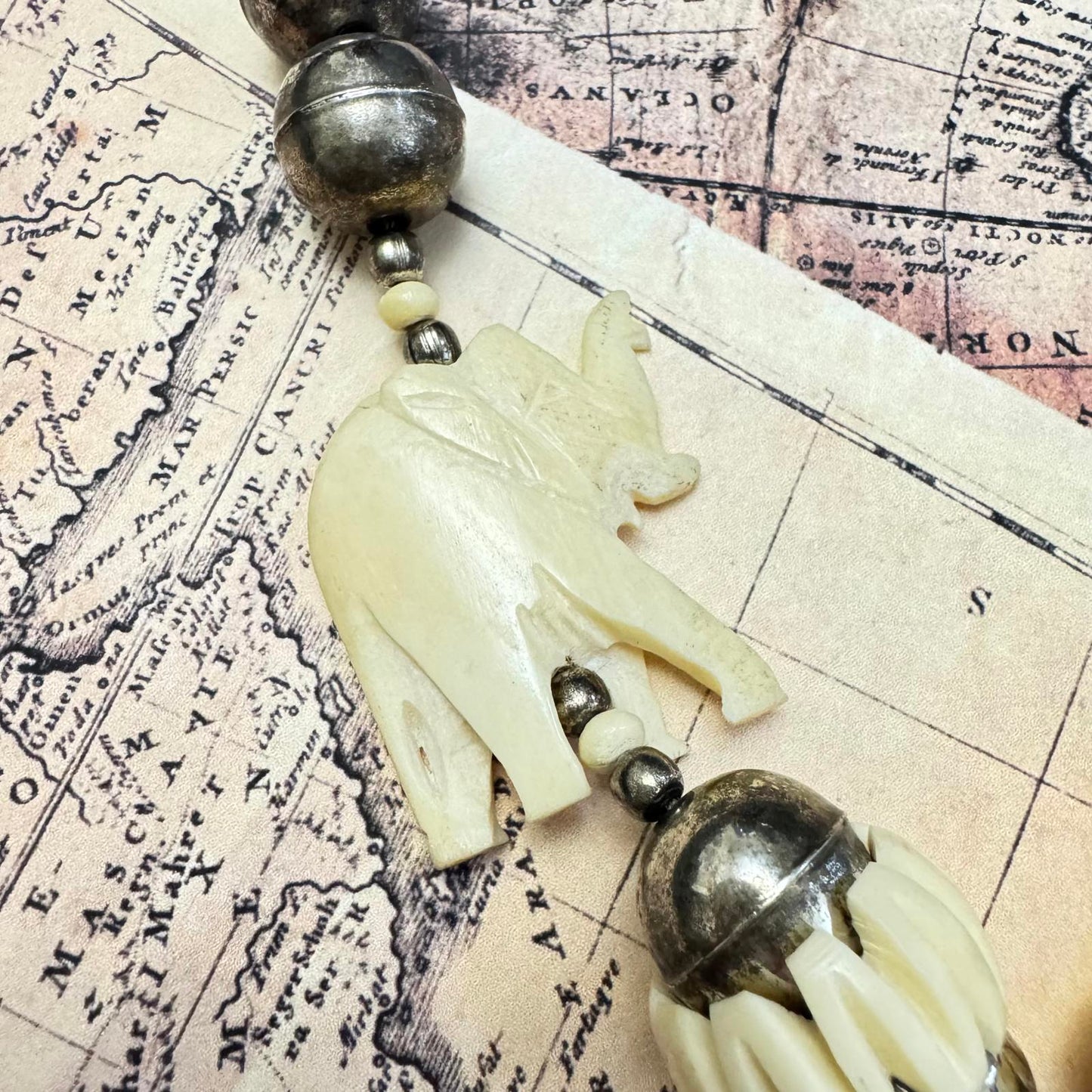 Vintage Hand carved Elephant Pendant Necklace with Antiqued Silver Tone Accents