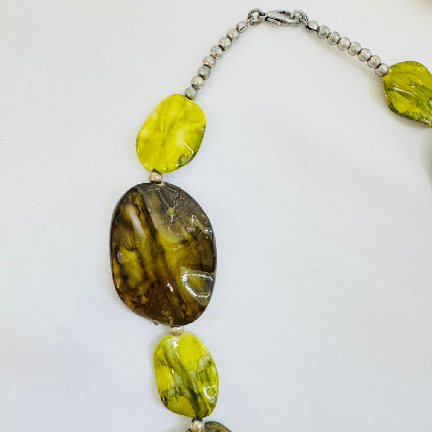 Chunky Marbled Bead Necklace Green Amber Yellow Statement Jewelry Artisan Style