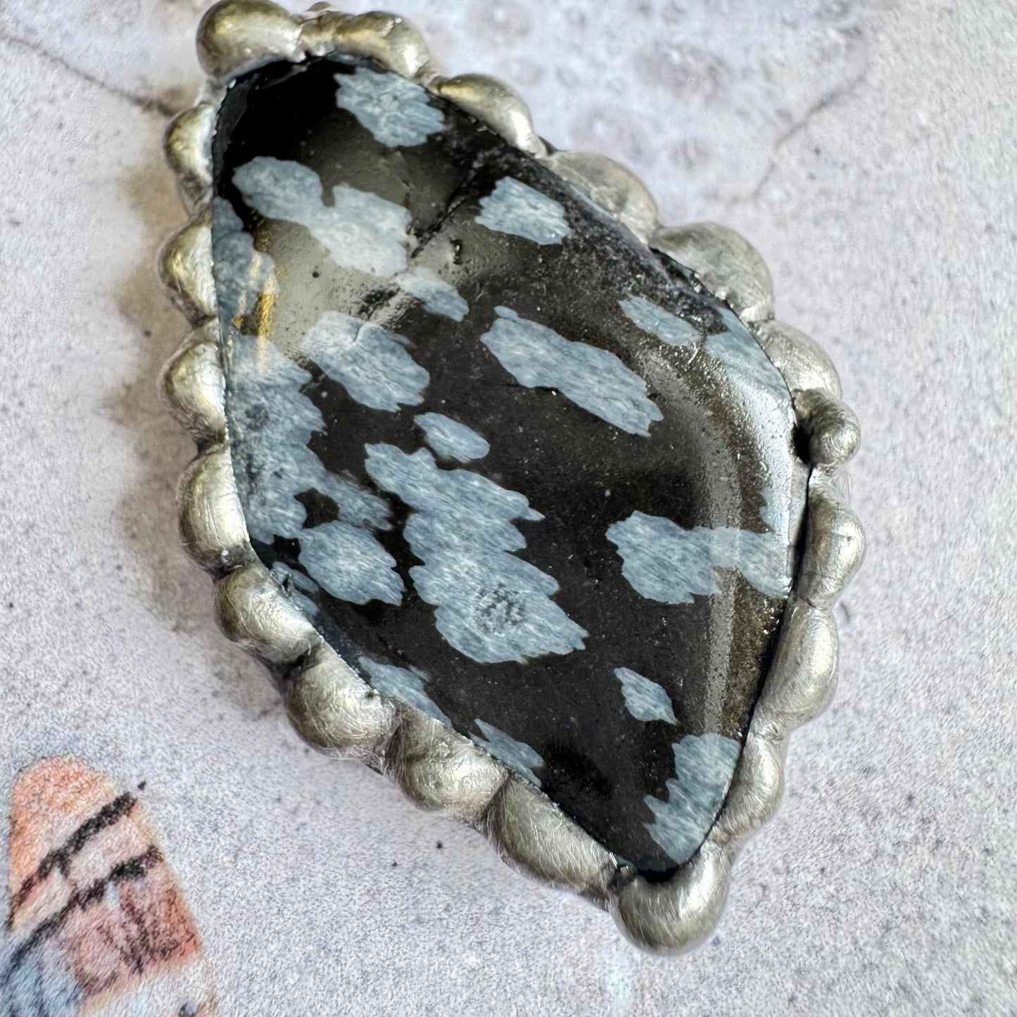 Snowflake Obsidian Stone Pendant Handmade Necklace w/ Silver Tone Floral Accents