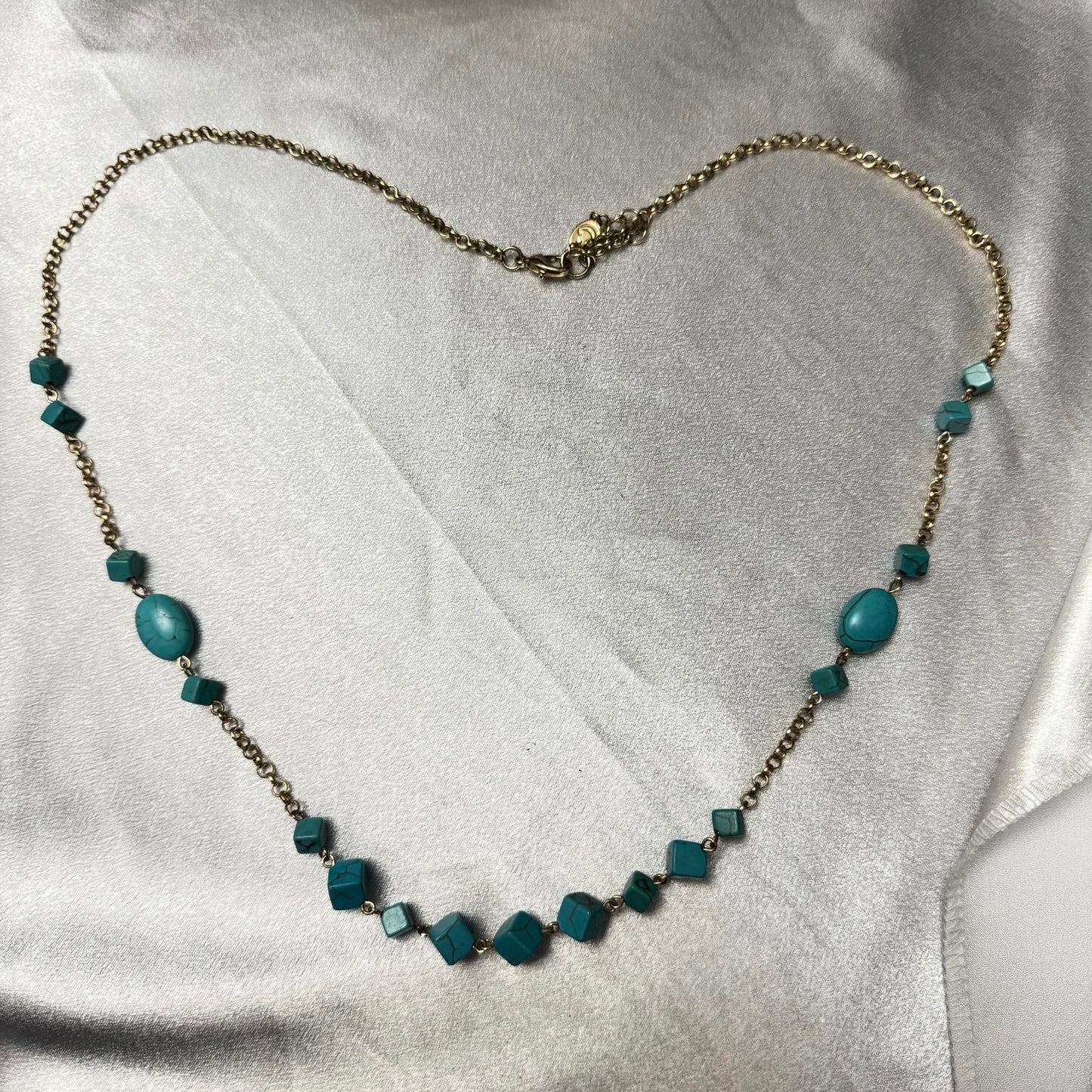 Turquoise Color Cubed Bead and Gold Tone Chain Necklace BoHo Classic Statement