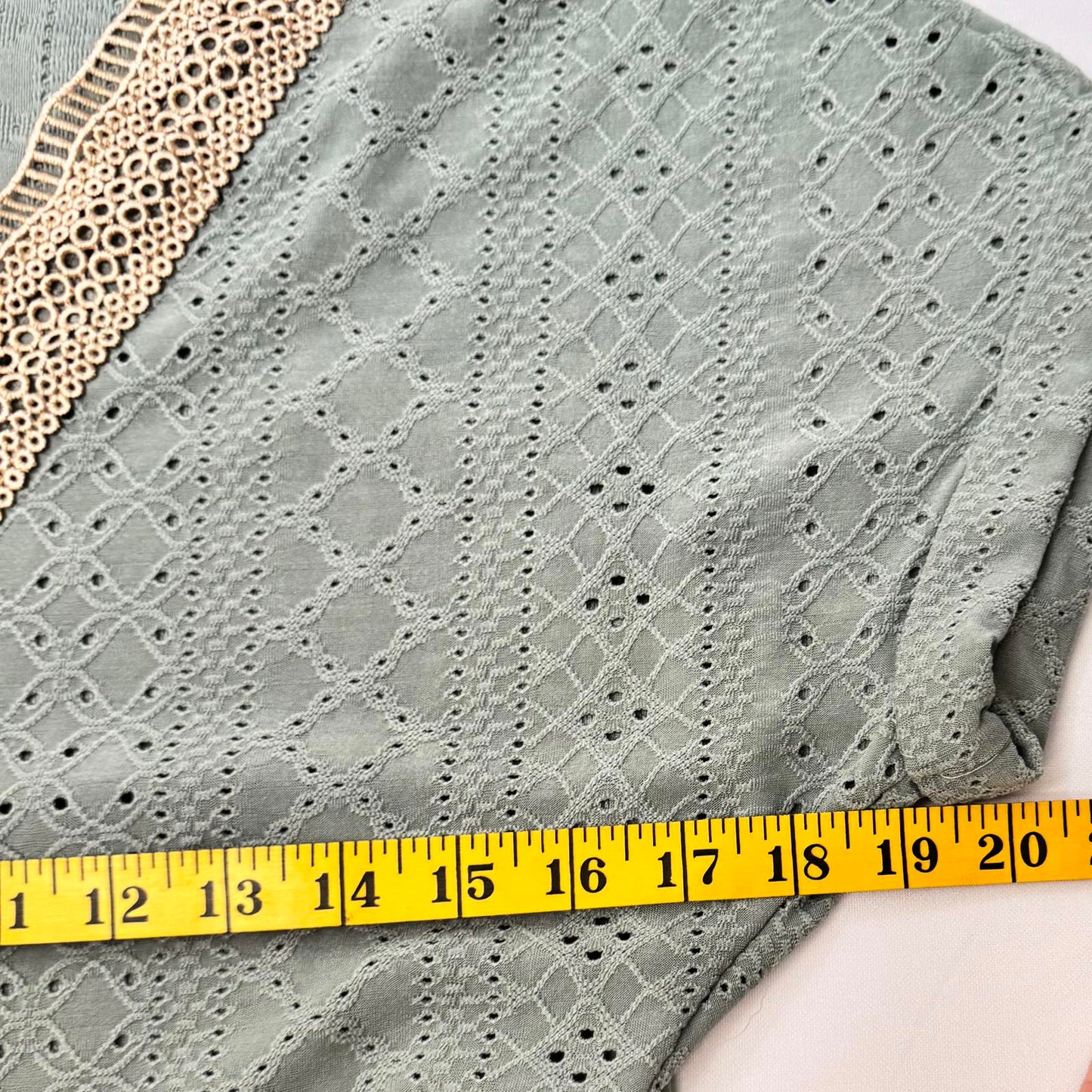 SHEIN Mint Green Blouse Women’s L Crochet Lace V-Neck Short Sleeve Eyelet Top