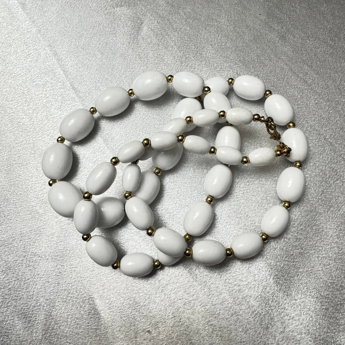 Monet Signed Vintage White Beaded Necklace with Gold Tone Accents
