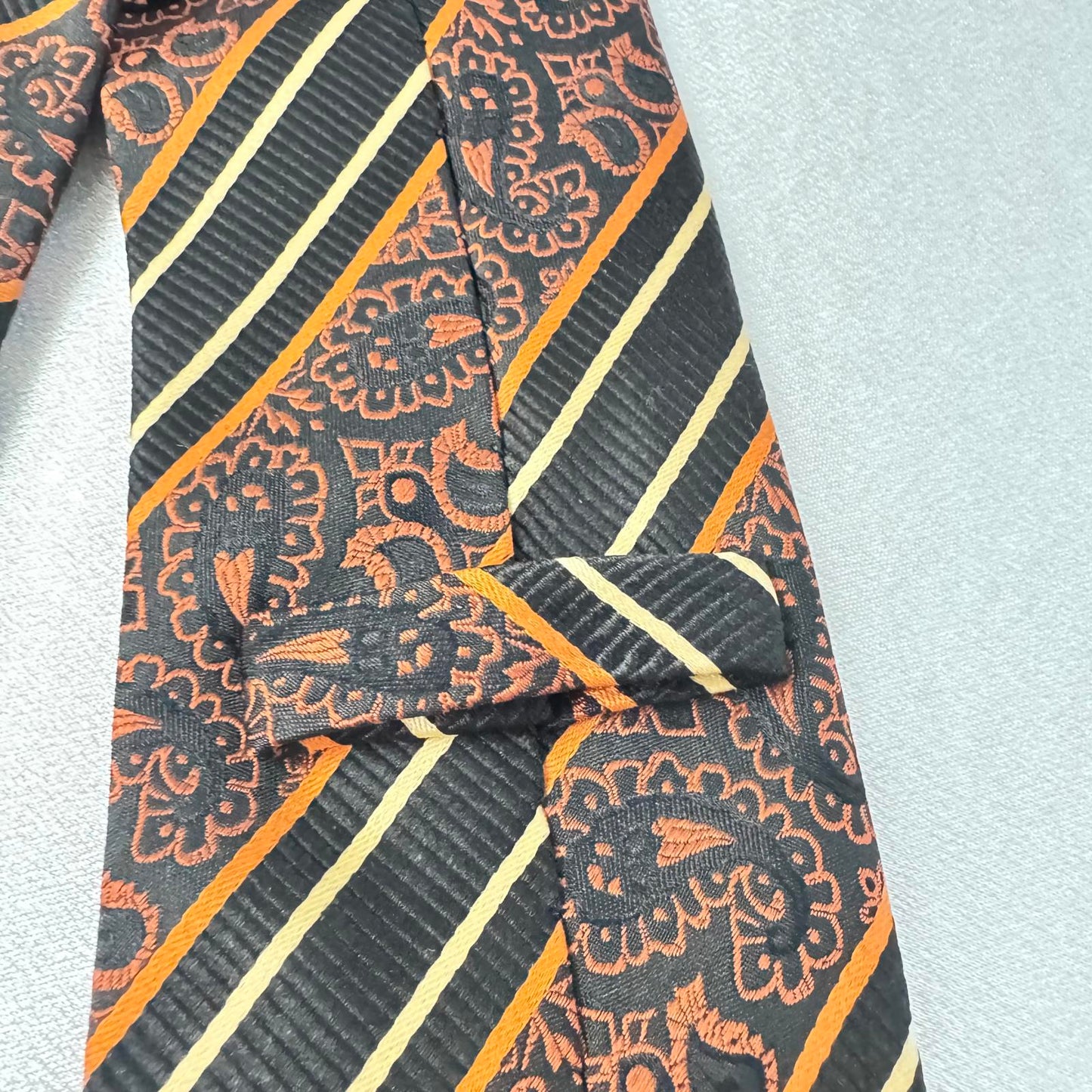 Handmade 100% Silk Paisley Tie - Black/Orange Stripes