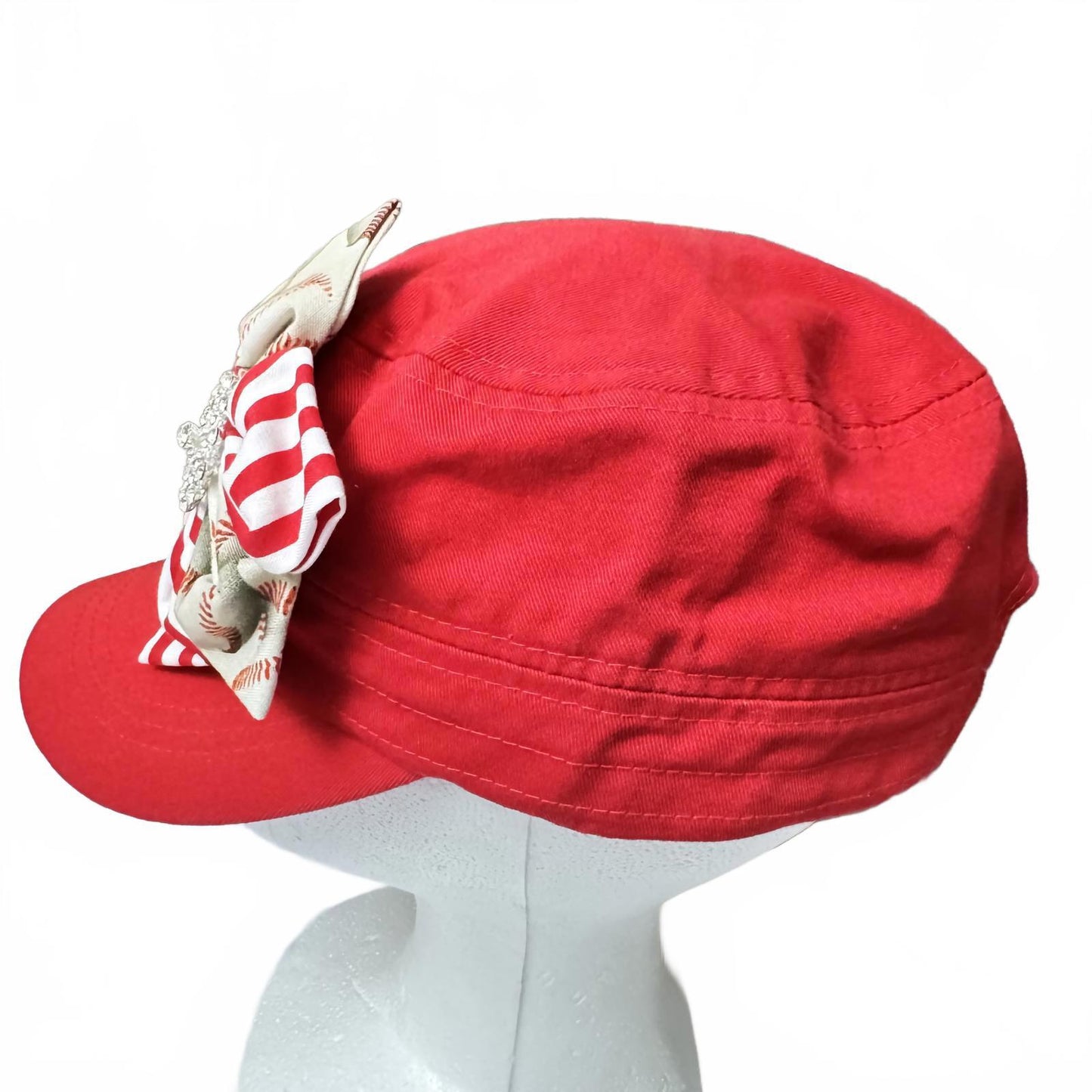 Charming Red Cap w/ Striped Bow & Rhinestone Accent Women's One size Adjustable