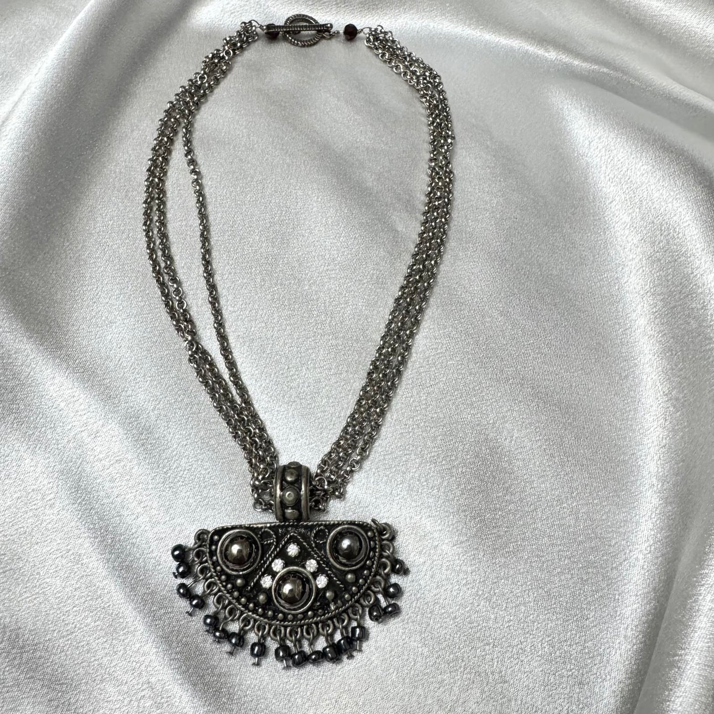 Vintage Silver-Tone Statement Necklace with Pendant and Bead Accents