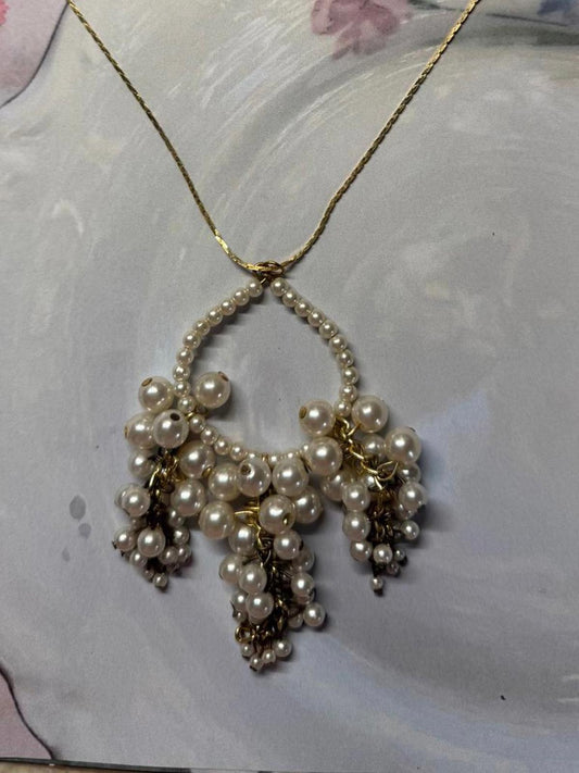 Vintage Faux Pearl Cluster Necklace with Gold Accents Korea Signed