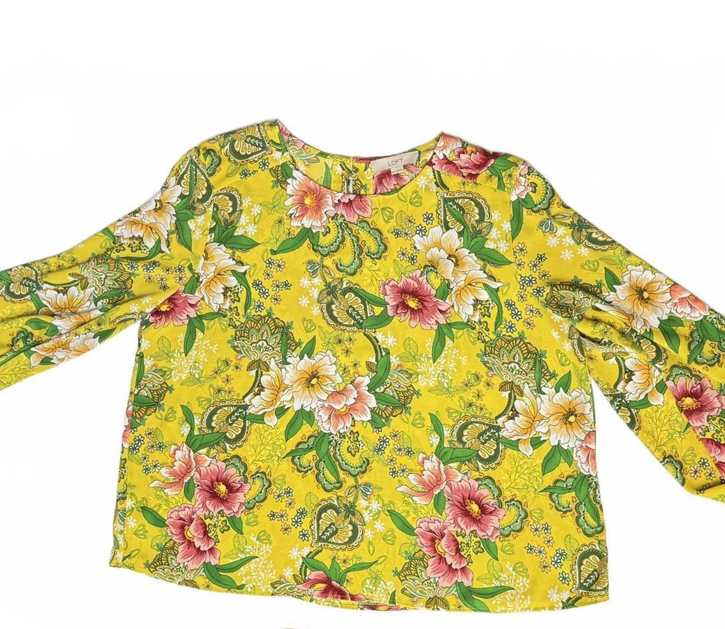 LOFT Yellow Floral Blouse Women’s Long Sleeve Bold Paisley Print Pullover Top XL