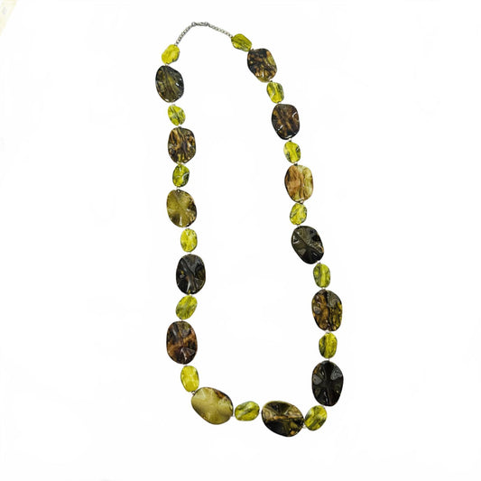 Chunky Marbled Bead Necklace Green Amber Yellow Statement Jewelry Artisan Style