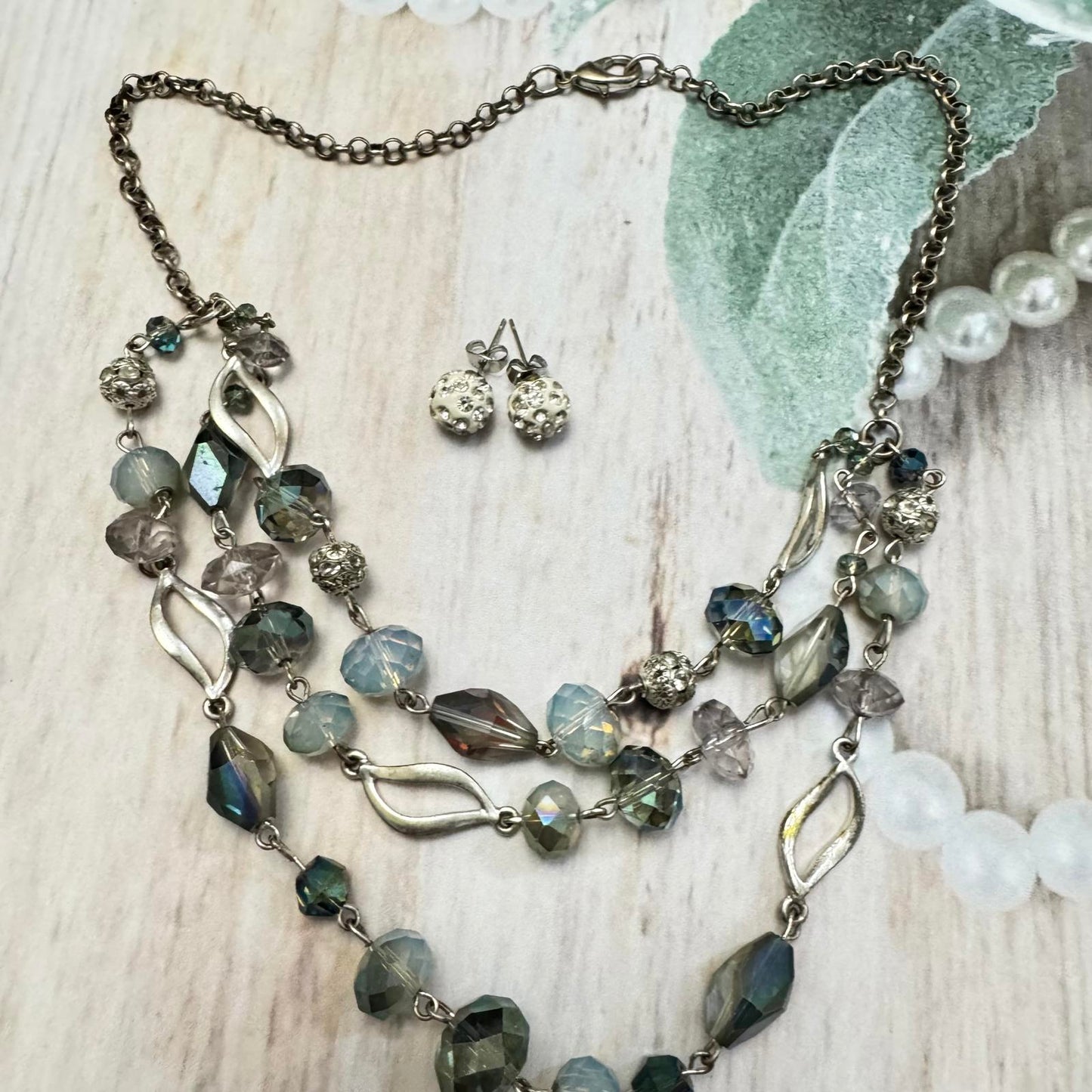 Elegant Multi-Layered Beaded Seafoam Green Color Necklace with Stud Earrings