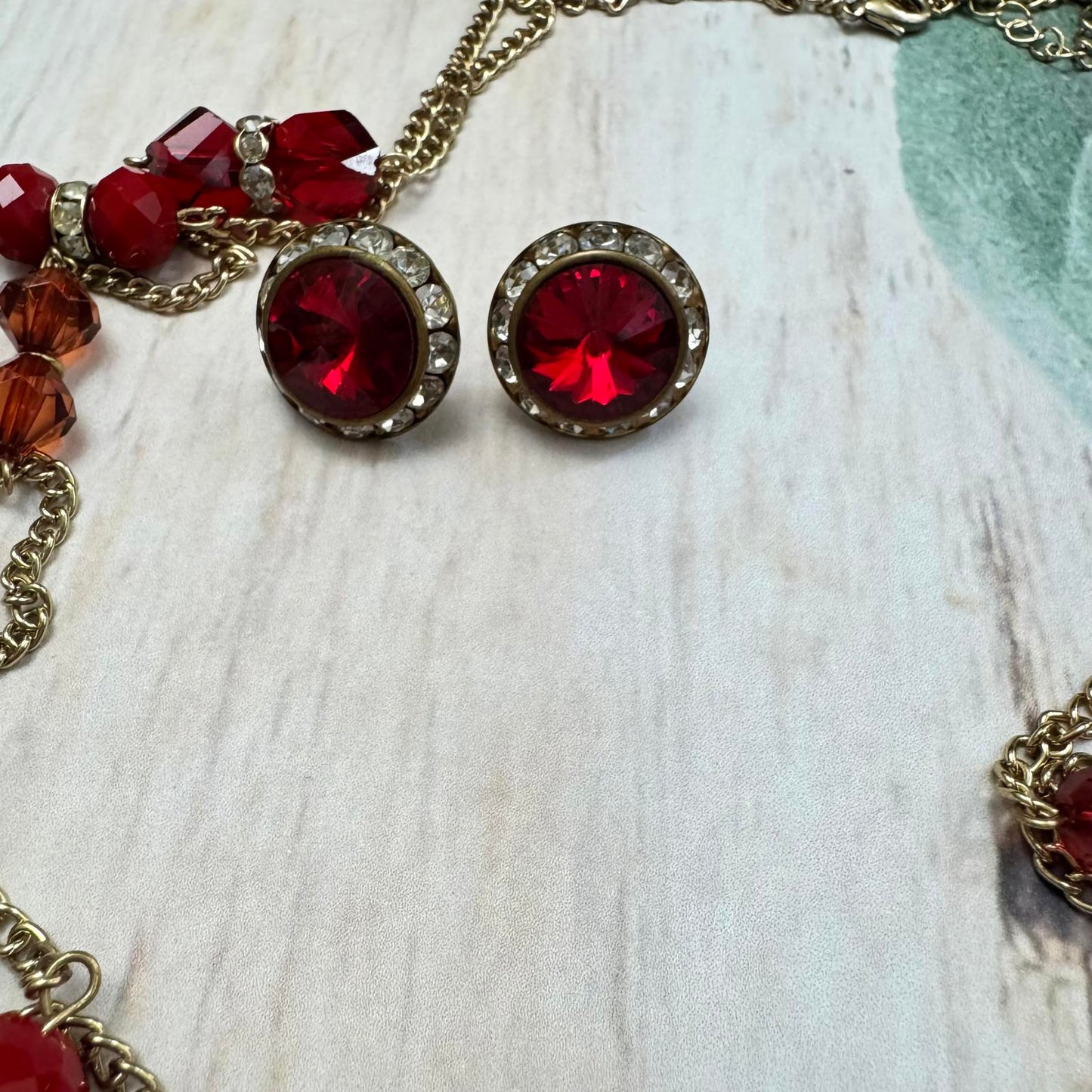 Elegant Vintage Red Rhinestone Earrings and Necklace Set