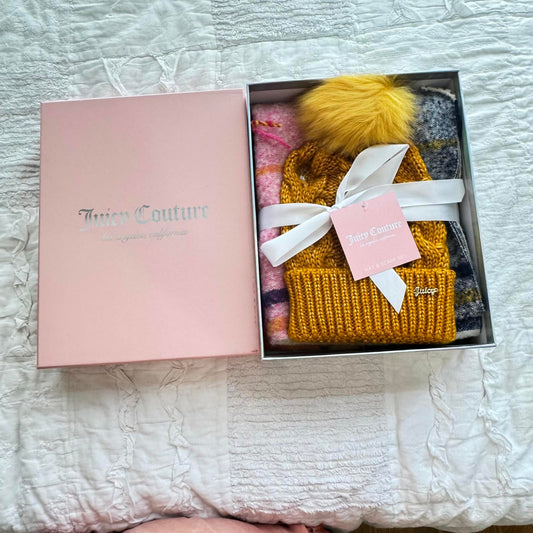 Juicy Couture Yellow Pink and Purple Beanie and Scarf Set Gift Set NWT