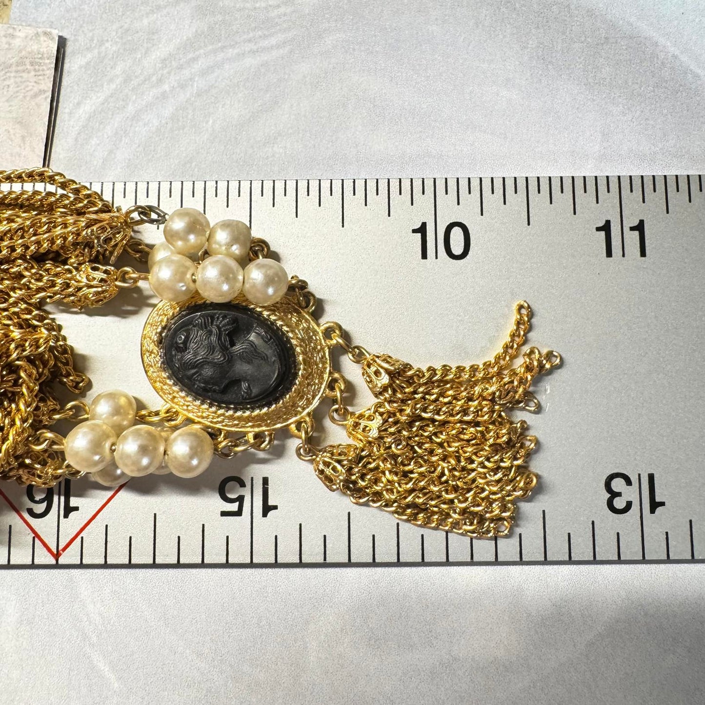 Vintage Cameo Elegant Multi-Layer Gold Tone Chain Necklace with Faux Pearls